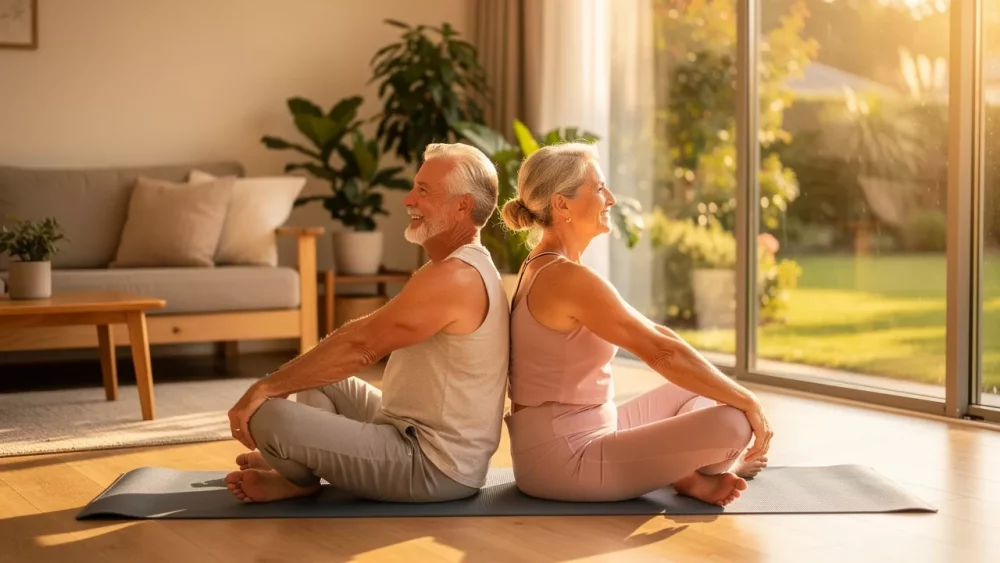 Older couple doing gentle back stretching exercises at home