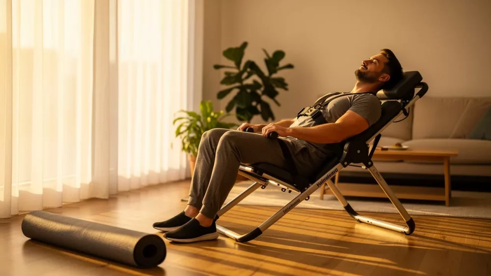 Man relaxing on inversion table experiencing muscle tension relief