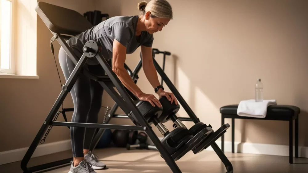 Woman safely setting up inversion table ankle locks at home