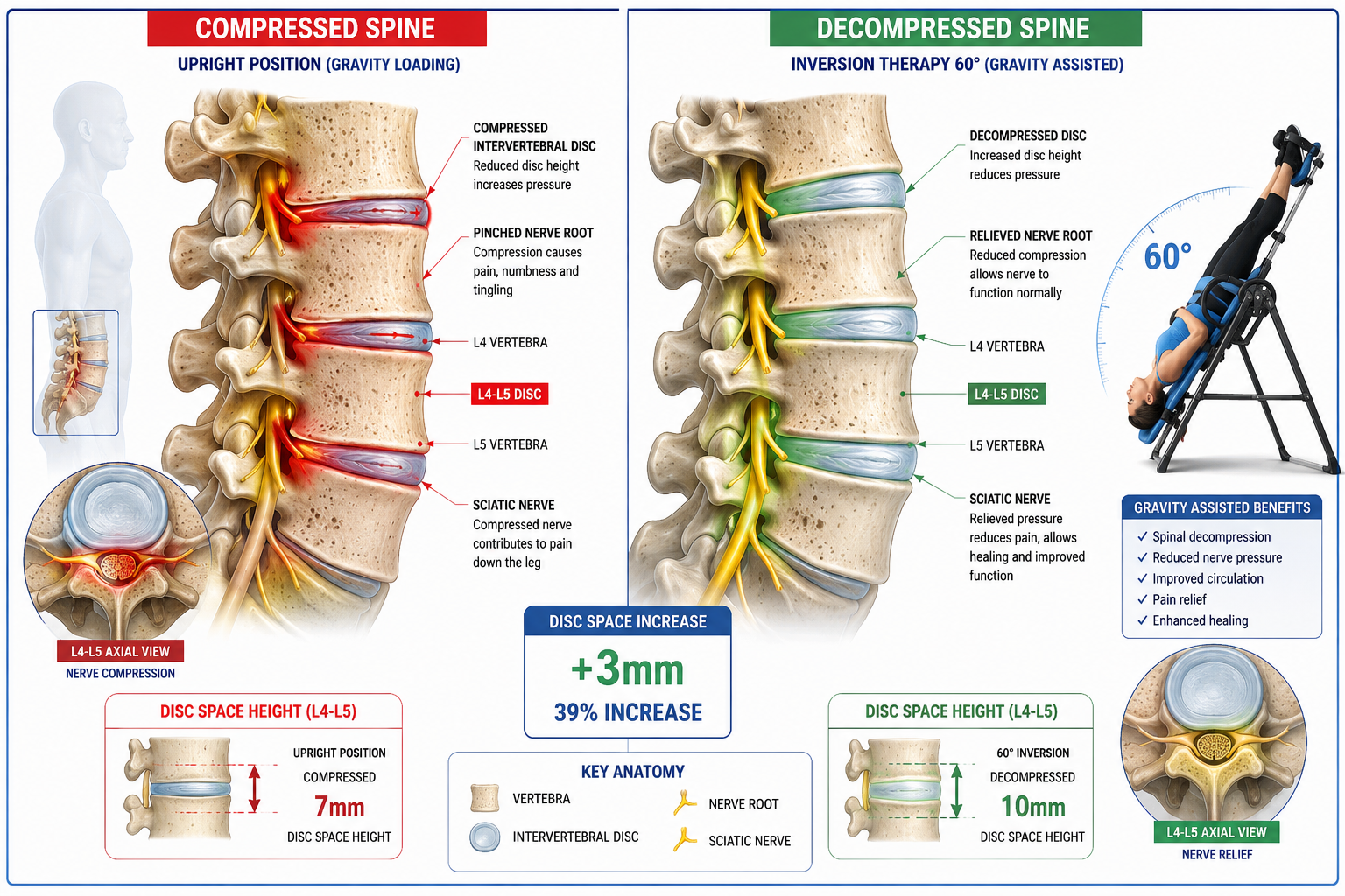Anatomical diagram showing spinal decompression during inversion