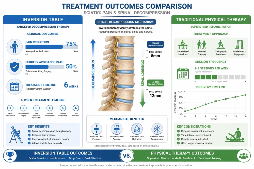 Detailed () clinical comparison infographic showing side-by-side data visualization of treatment outcomes. Left panel