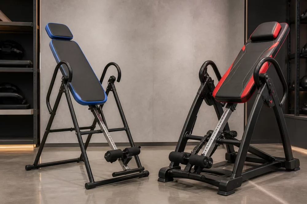 Detailed () image depicting a side-by-side comparison scene showing two different inversion table models in a showroom or