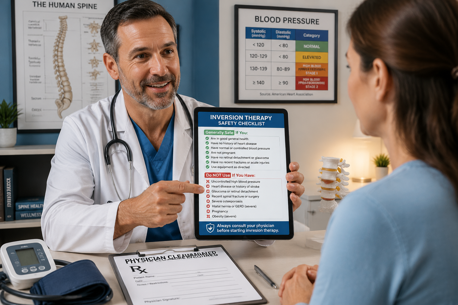Detailed () image depicting medical consultation scene with doctor in white coat holding tablet showing inversion therapy