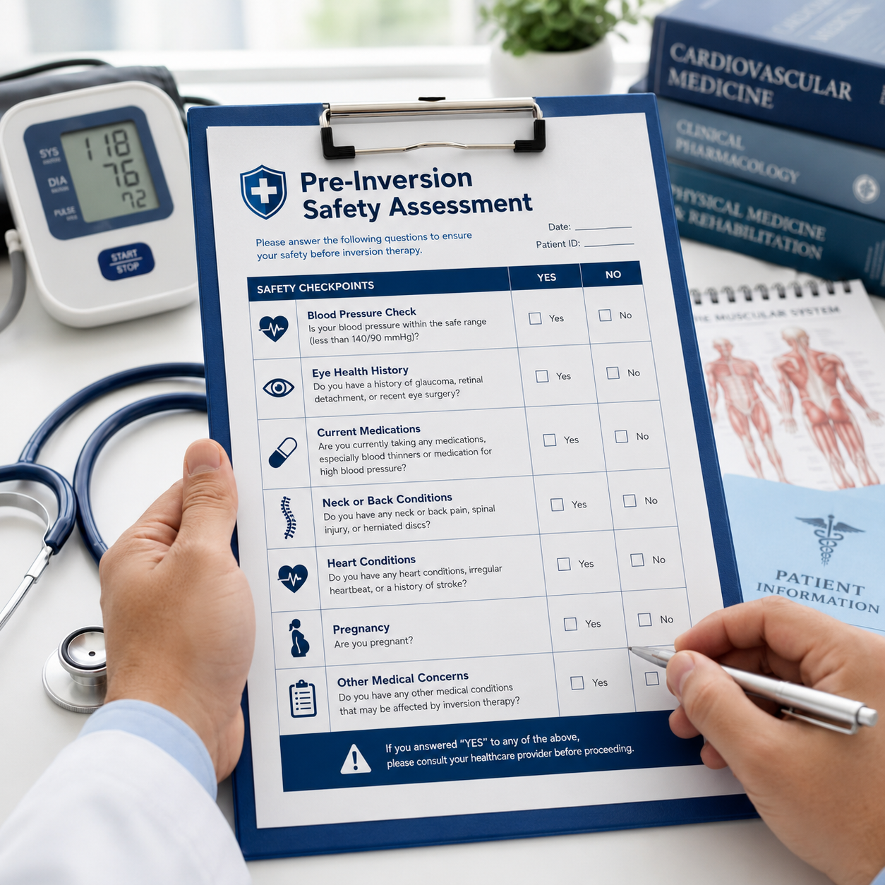 Detailed () image depicting medical screening checklist concept with close-up of healthcare professional's hands holding