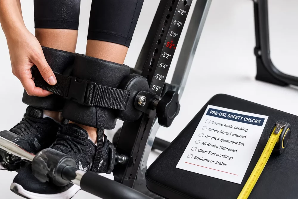 Detailed () image showing close-up view of inversion table ankle locking mechanism with safety strap being properly secured