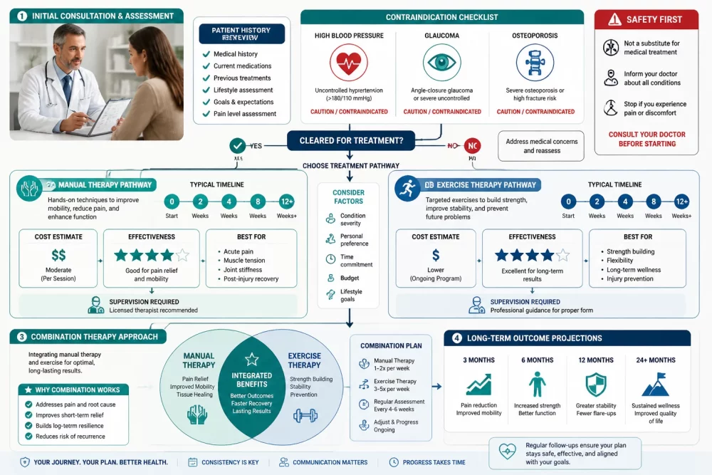 Detailed () practical decision-making flowchart visualization showing patient journey pathways. Top section features medical