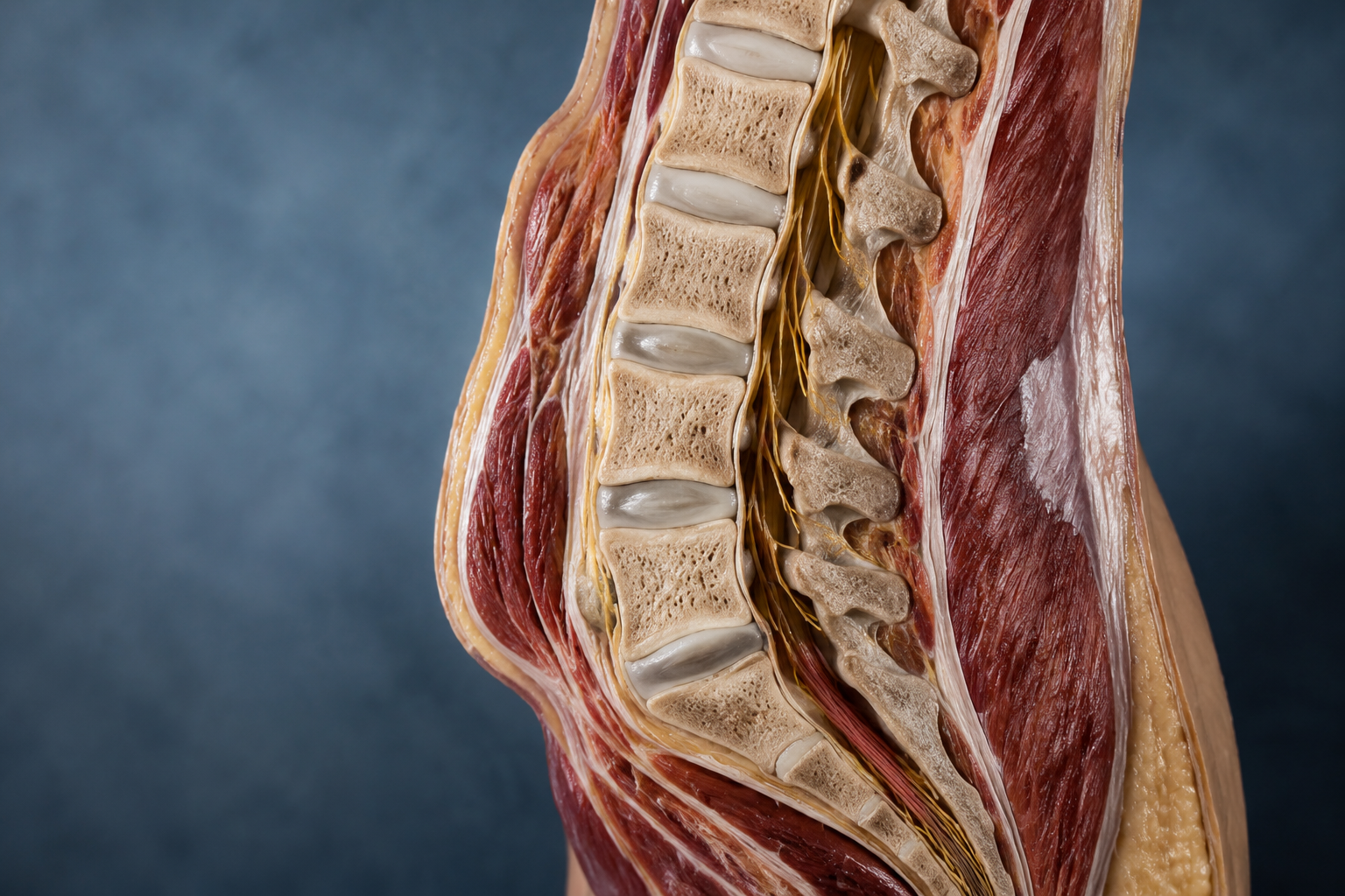 Professional () editorial hero image showing a detailed anatomical cross-section of the human lumbar spine and surrounding