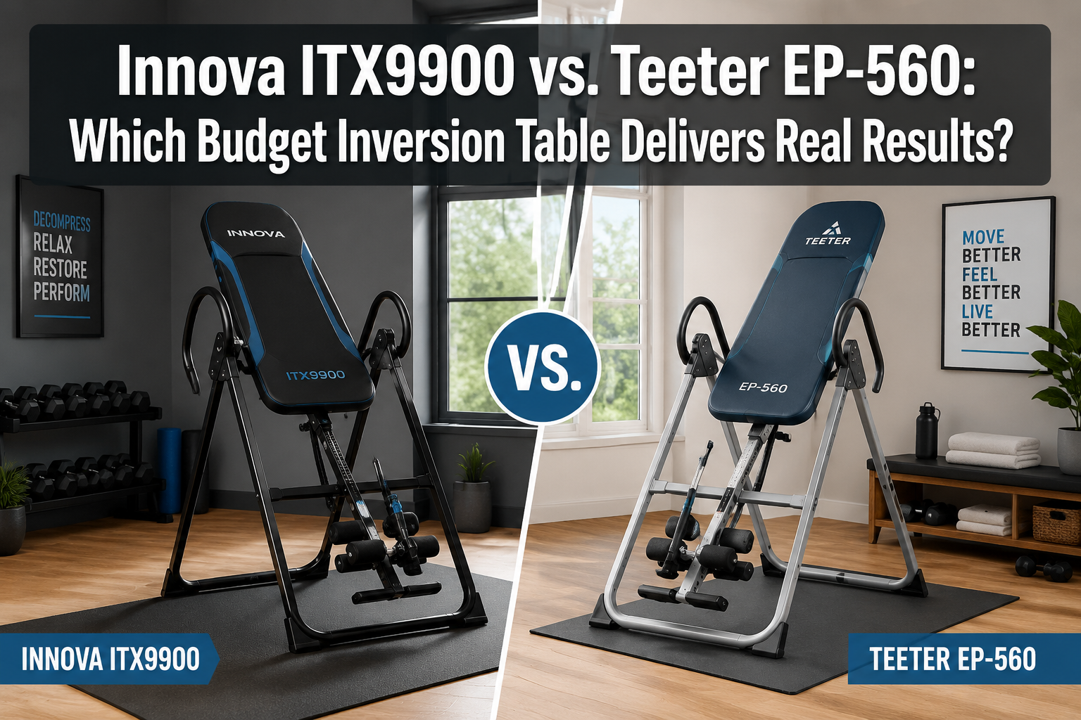 Professional () hero image featuring 'Innova ITX9900 vs. Teeter EP-560: Which Budget Inversion Table Delivers Real Results?'