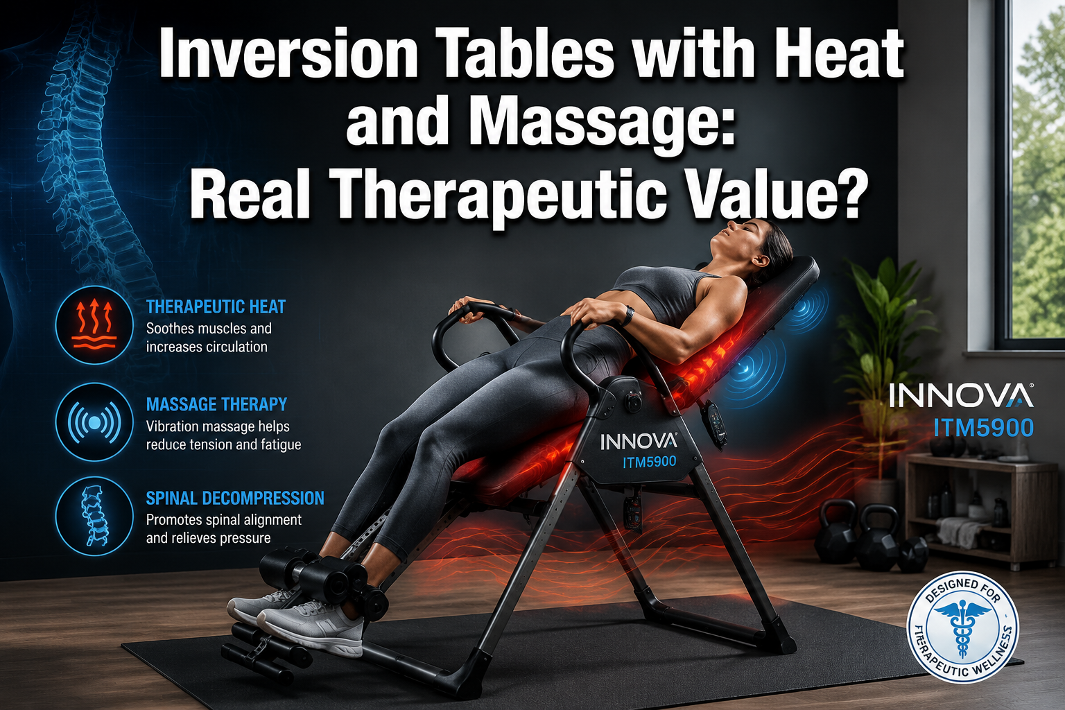 Professional () hero image featuring 'Inversion Tables with Heat and Massage: Real Therapeutic Value?' in extra large white