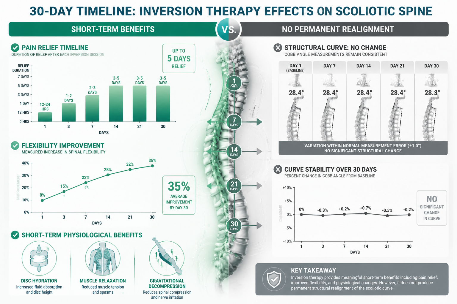 Professional () infographic displaying timeline chart of inversion therapy effects on scoliotic spine over 30-day period.