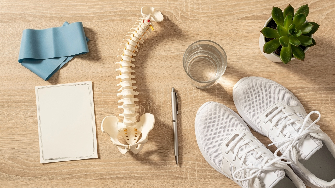 Back health recovery items laid out on wooden surface