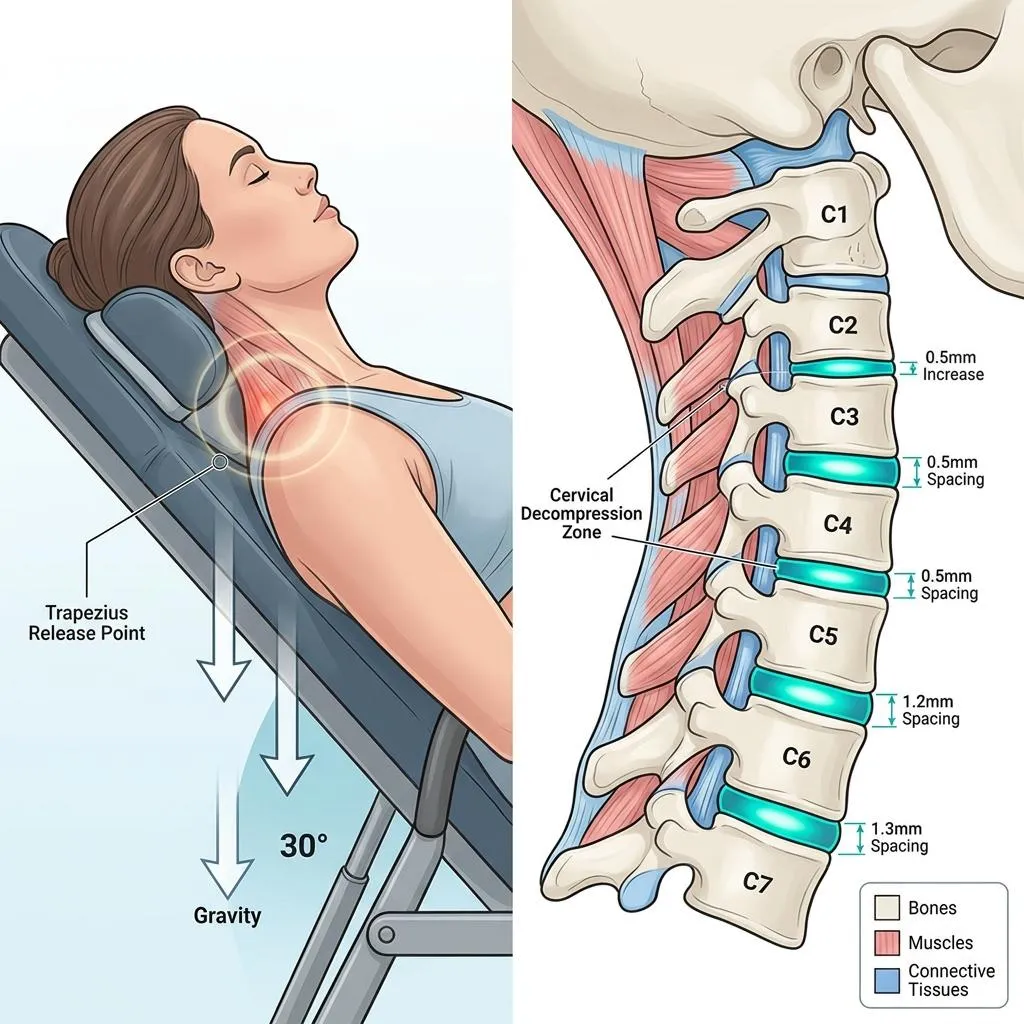 Woman on inversion table for cervical decompression, showing neck vertebrae and muscles.