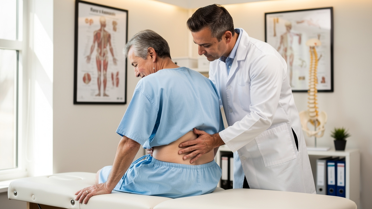 Chiropractor examining patient lower back in clinic