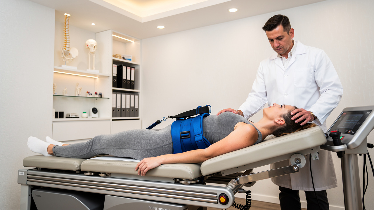 Chiropractor adjusting spinal decompression table for patient