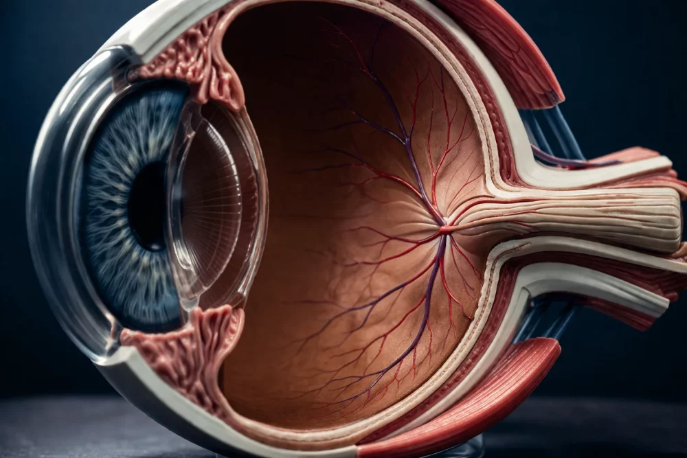 () close-up editorial photograph of human eye anatomy cross-section model showing internal eye structures, focus on optic