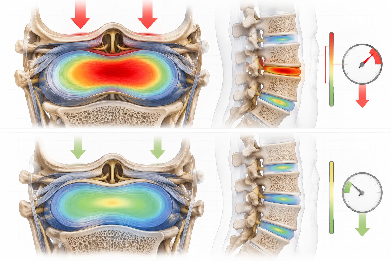() detailed anatomical cross-section illustration of lumbar spine and intervertebral discs under pressure, showing two