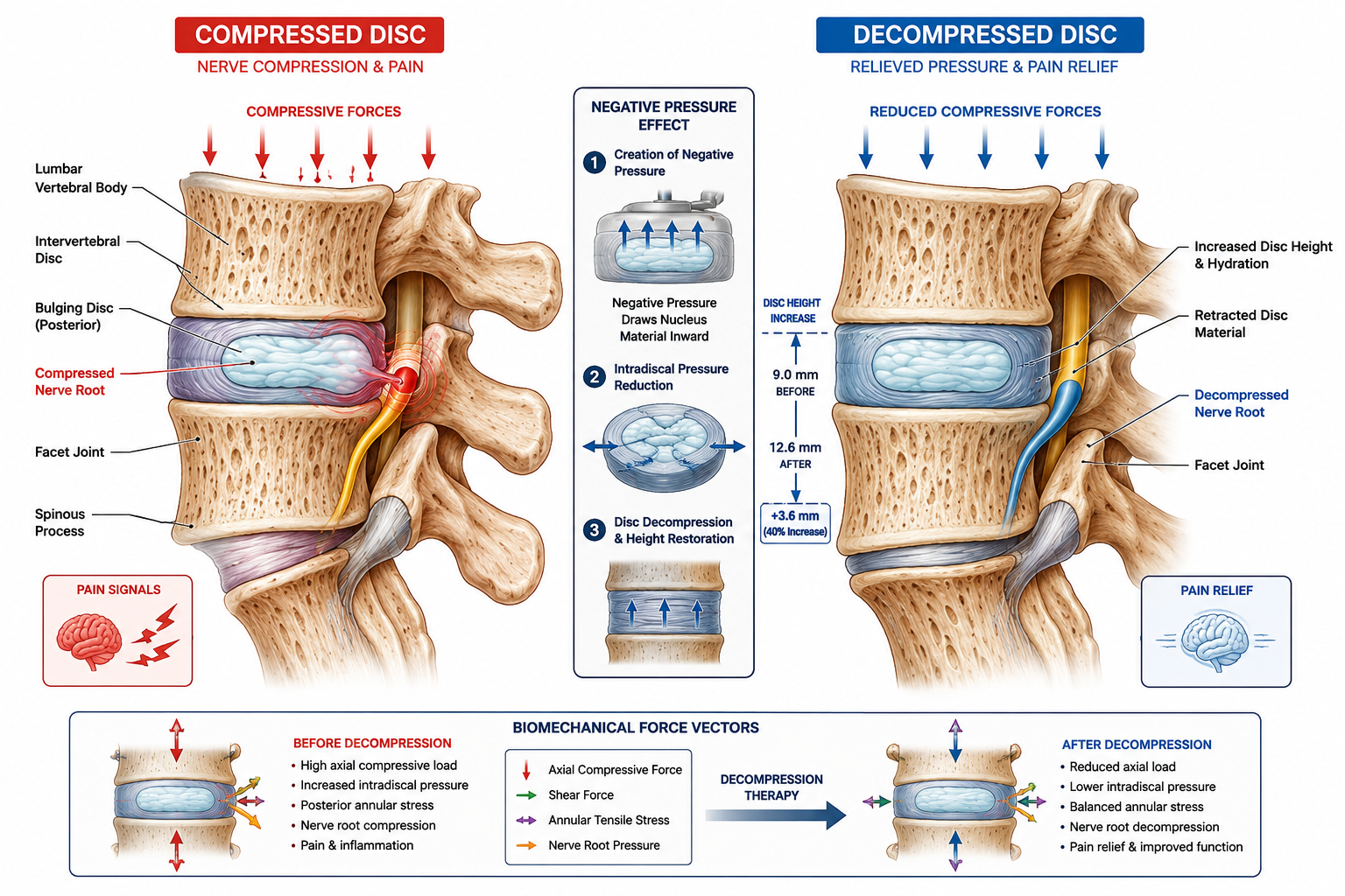 () detailed anatomical cross-section illustration showing lumbar vertebrae with intervertebral disc in two states: left side