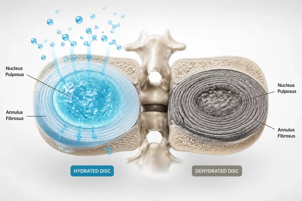() detailed close-up photograph of human spinal discs in cross-section illustration style, showing hydrated versus