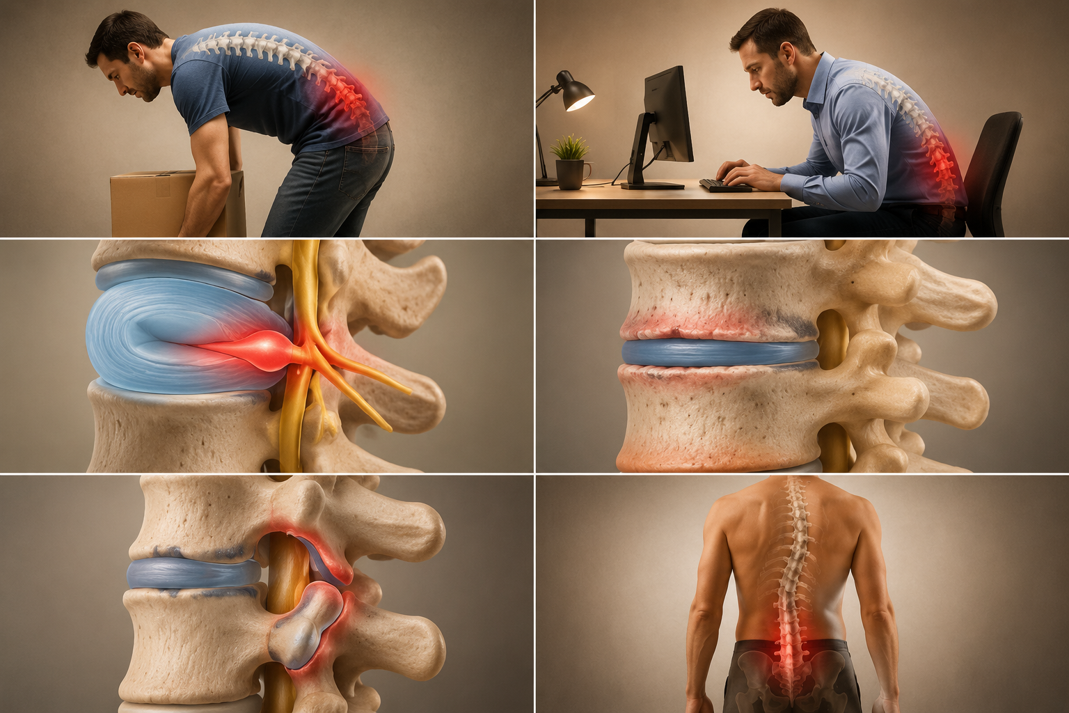 () detailed illustration showing six distinct scenarios of back injury causes in a grid layout: top left shows person