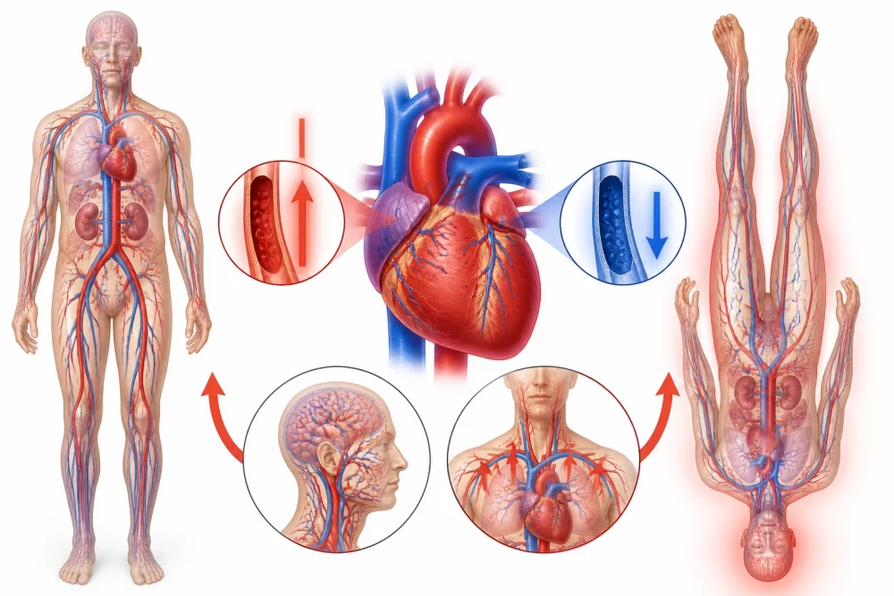 () detailed medical illustration showing cardiovascular system with emphasis on blood pressure changes during inversion,