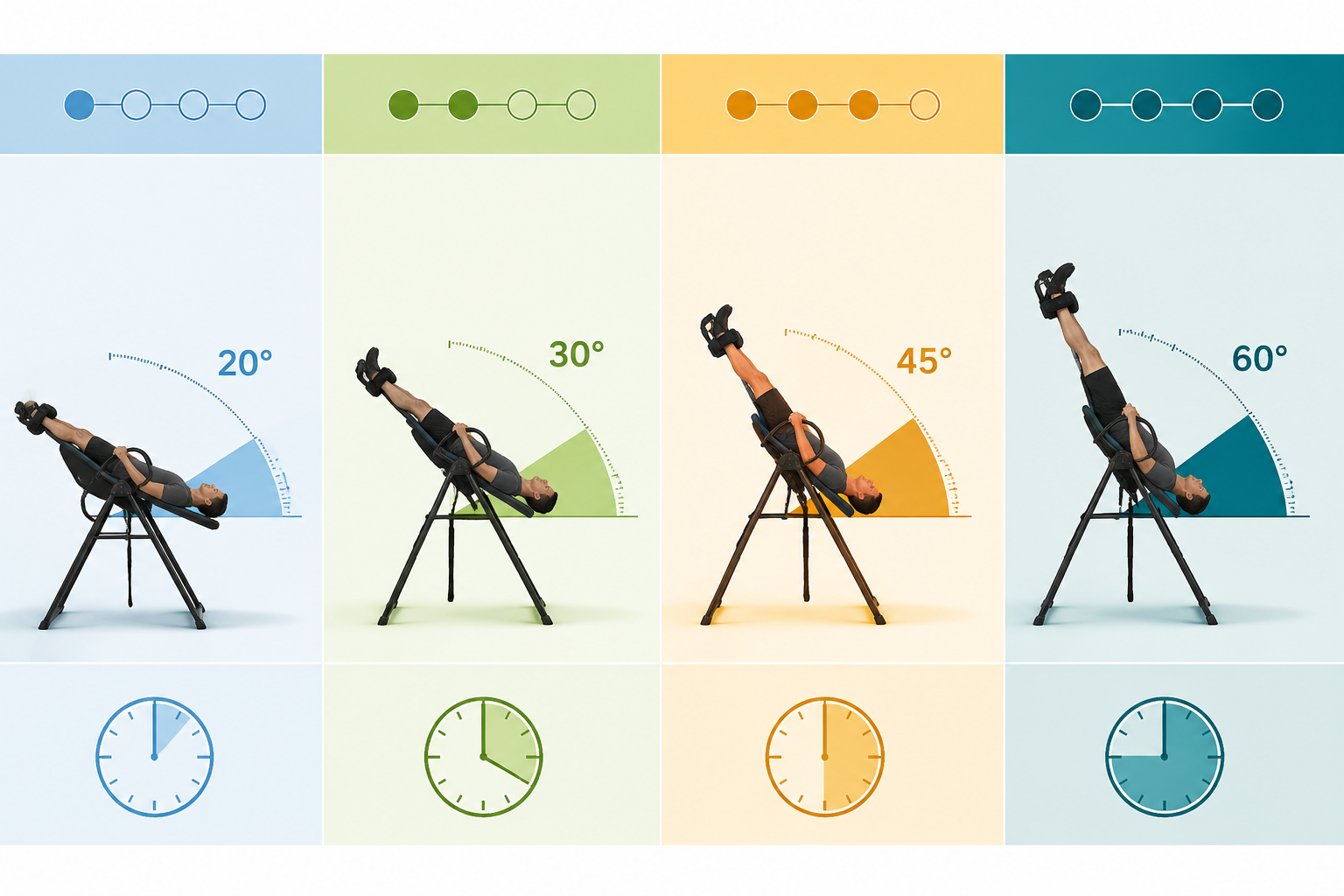 () detailed visual calendar or progression chart showing four distinct weeks of inversion therapy advancement, each week
