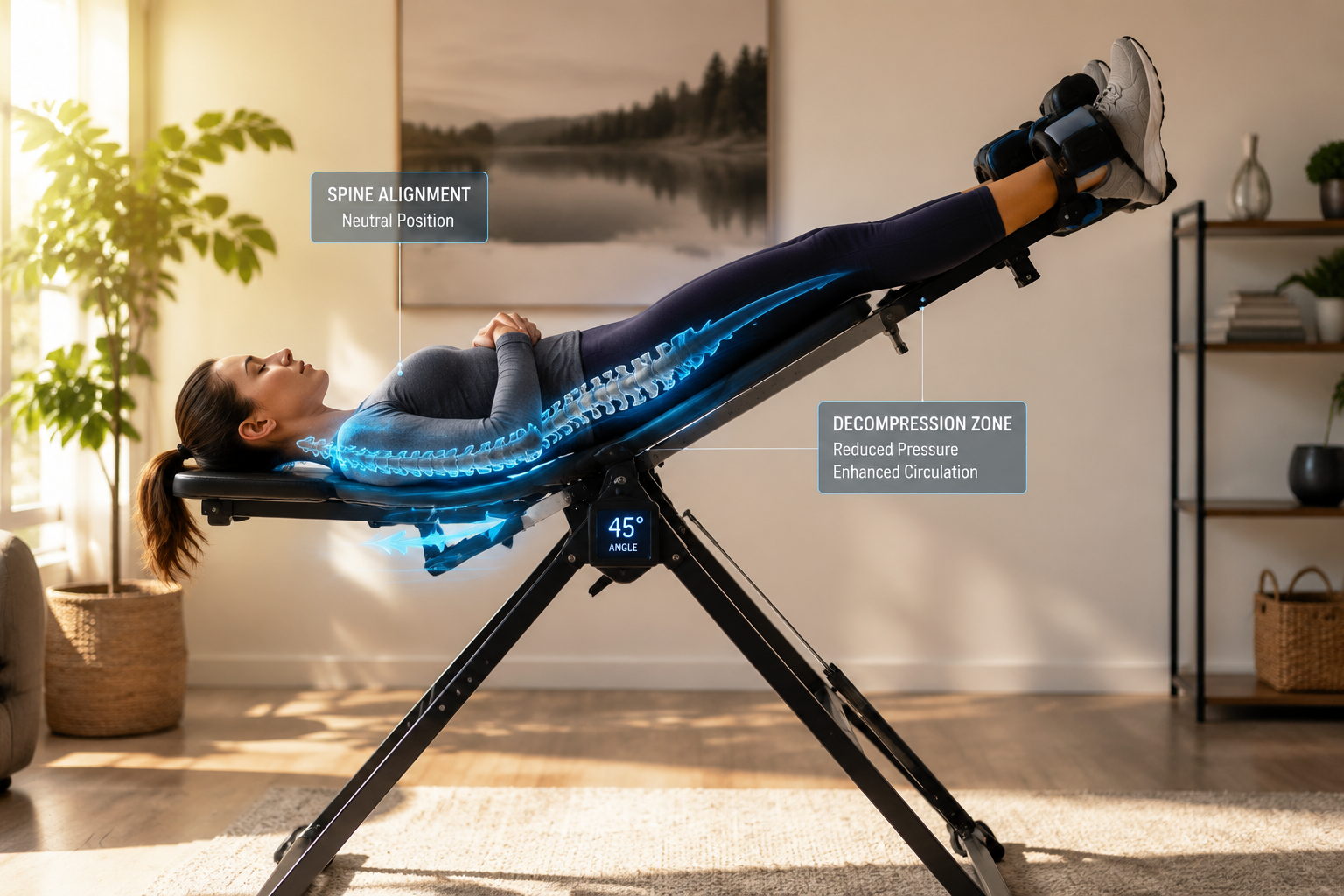 () editorial photograph showing close-up side view of person on inversion table at precisely 45-degree angle with digital