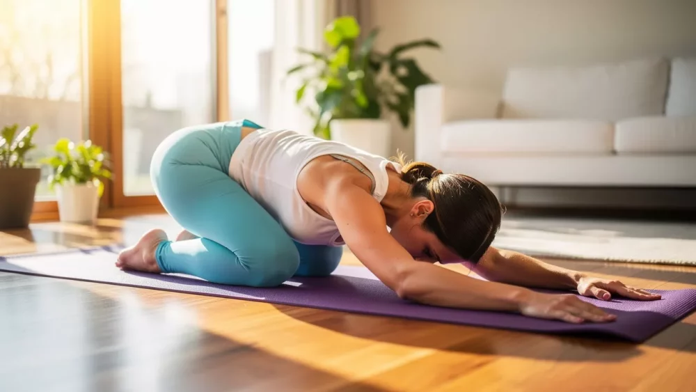 Woman doing gentle yoga child's pose for back pain relief