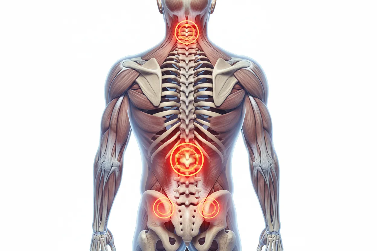 Anatomical illustration of the human spine showing pain points in the neck, lower back, and hips.