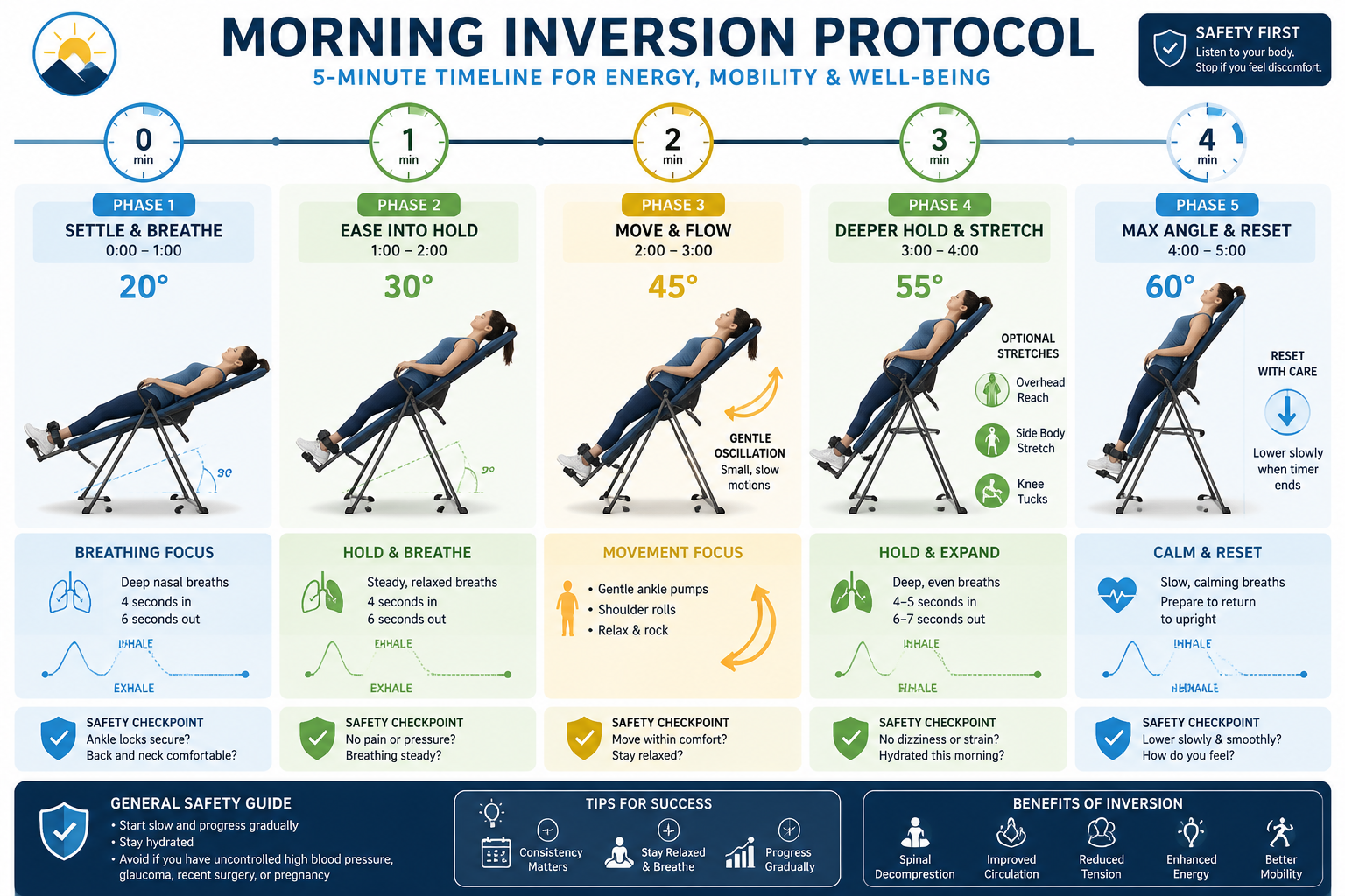 () infographic-style image displaying step-by-step morning inversion protocol timeline, five distinct phases shown as