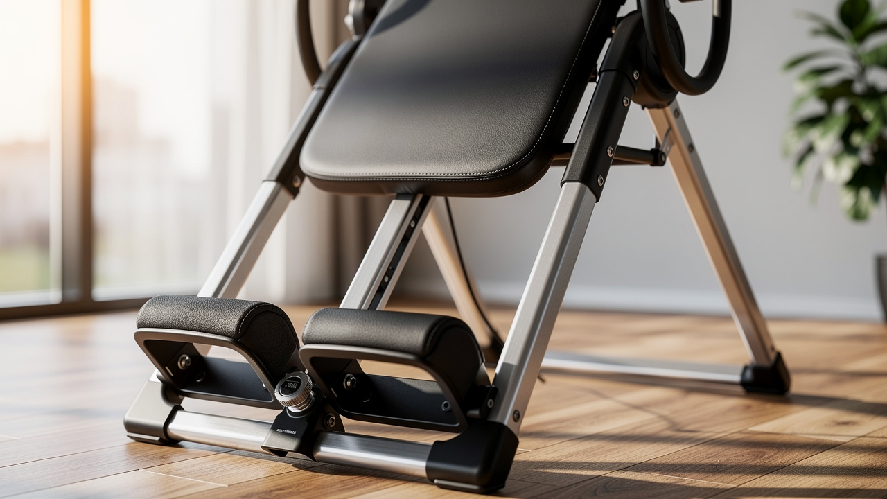 Sturdy inversion table with ankle supports in home gym