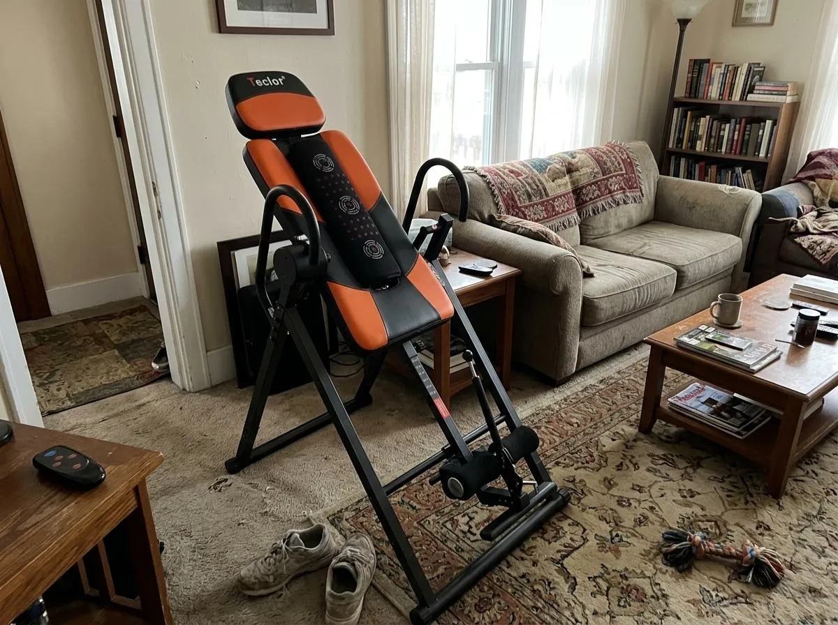 Orange and black inversion table in a living room with a couch and rug.
