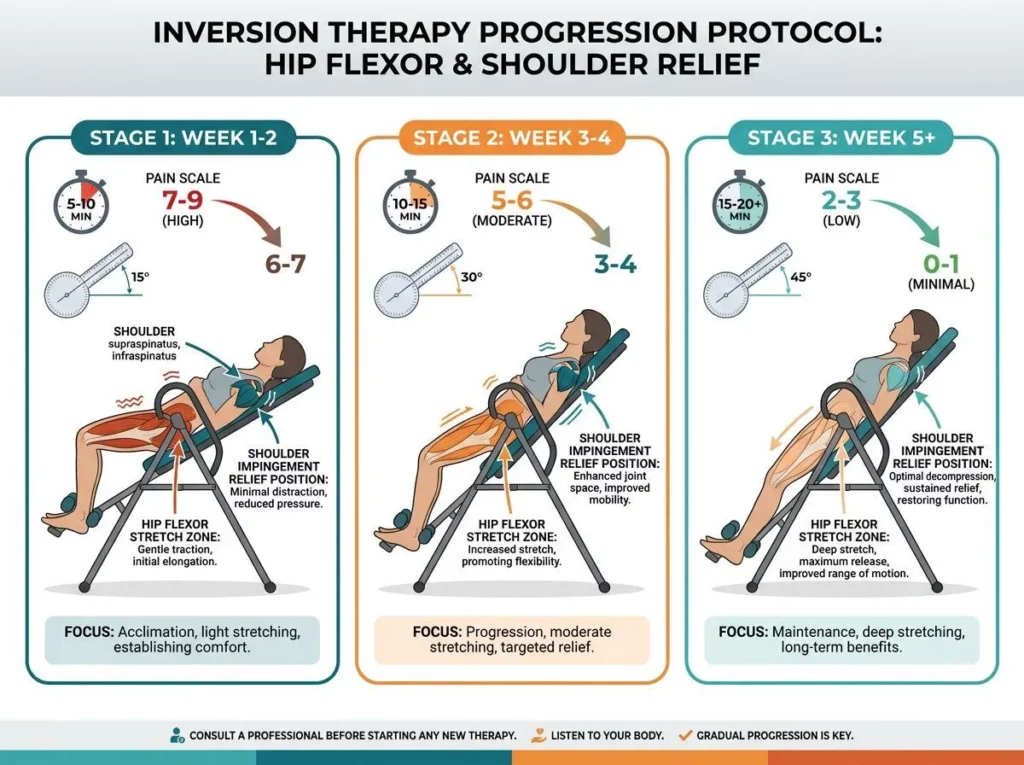 Inversion therapy progression protocol for hip flexor & shoulder relief: 3 stages with angles and pain scales.