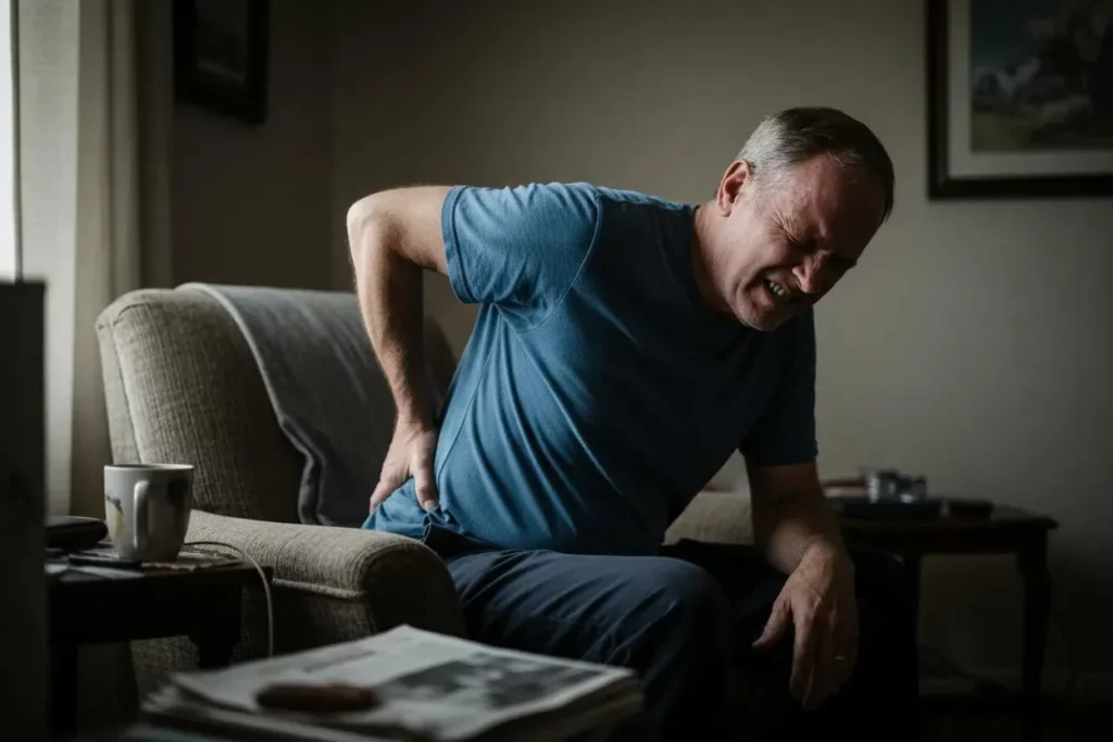 Man sitting in armchair, holding his lower back in pain.
