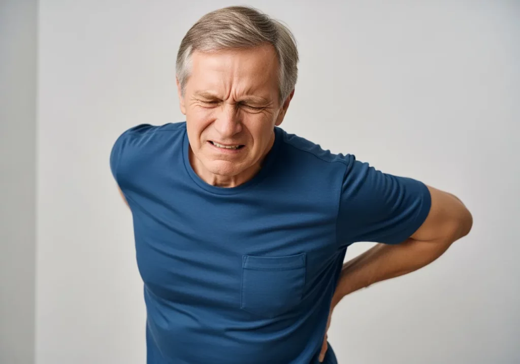 Man grimacing in pain, holding his lower back