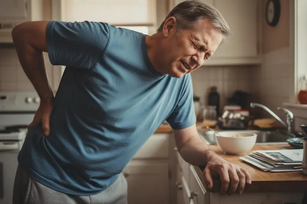 Man with back pain holding his lower back in a kitchen