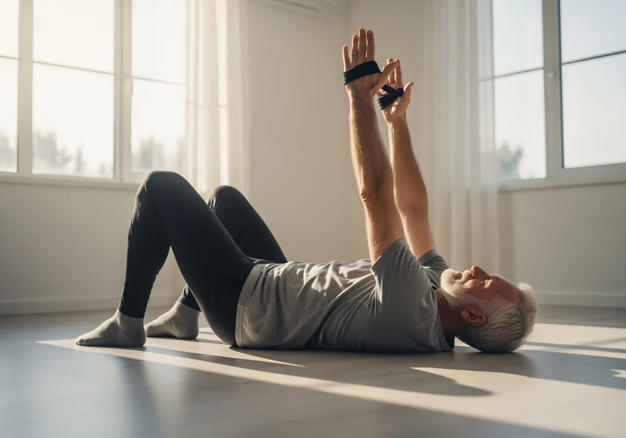 Man with gray hair lying on floor, arms raised, performing exercise with resistance bands.