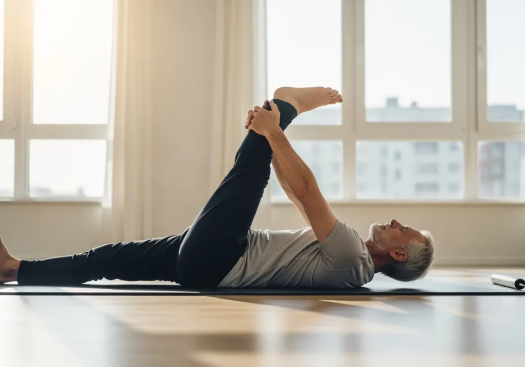Man stretching leg on yoga mat in sunlit room