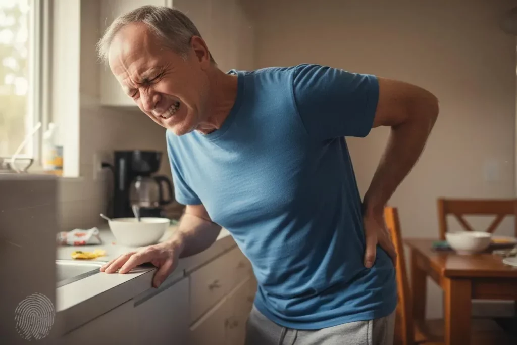Man with back pain holding his lower back in a kitchen