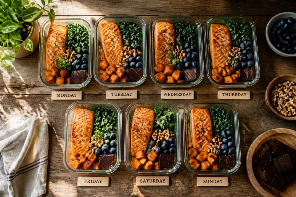 () overhead flat-lay photograph of a weekly meal prep layout on a rustic wooden table, featuring seven glass containers