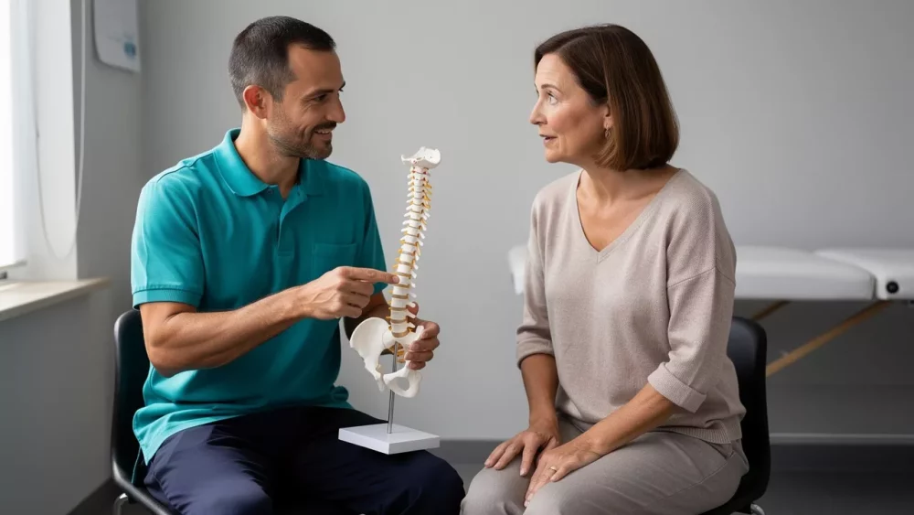 Patient consulting physical therapist about spinal back pain