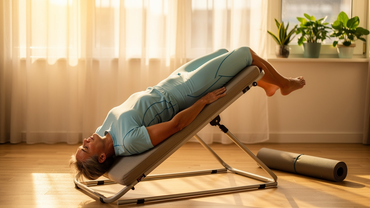 Person relaxing on inversion table at gentle angle