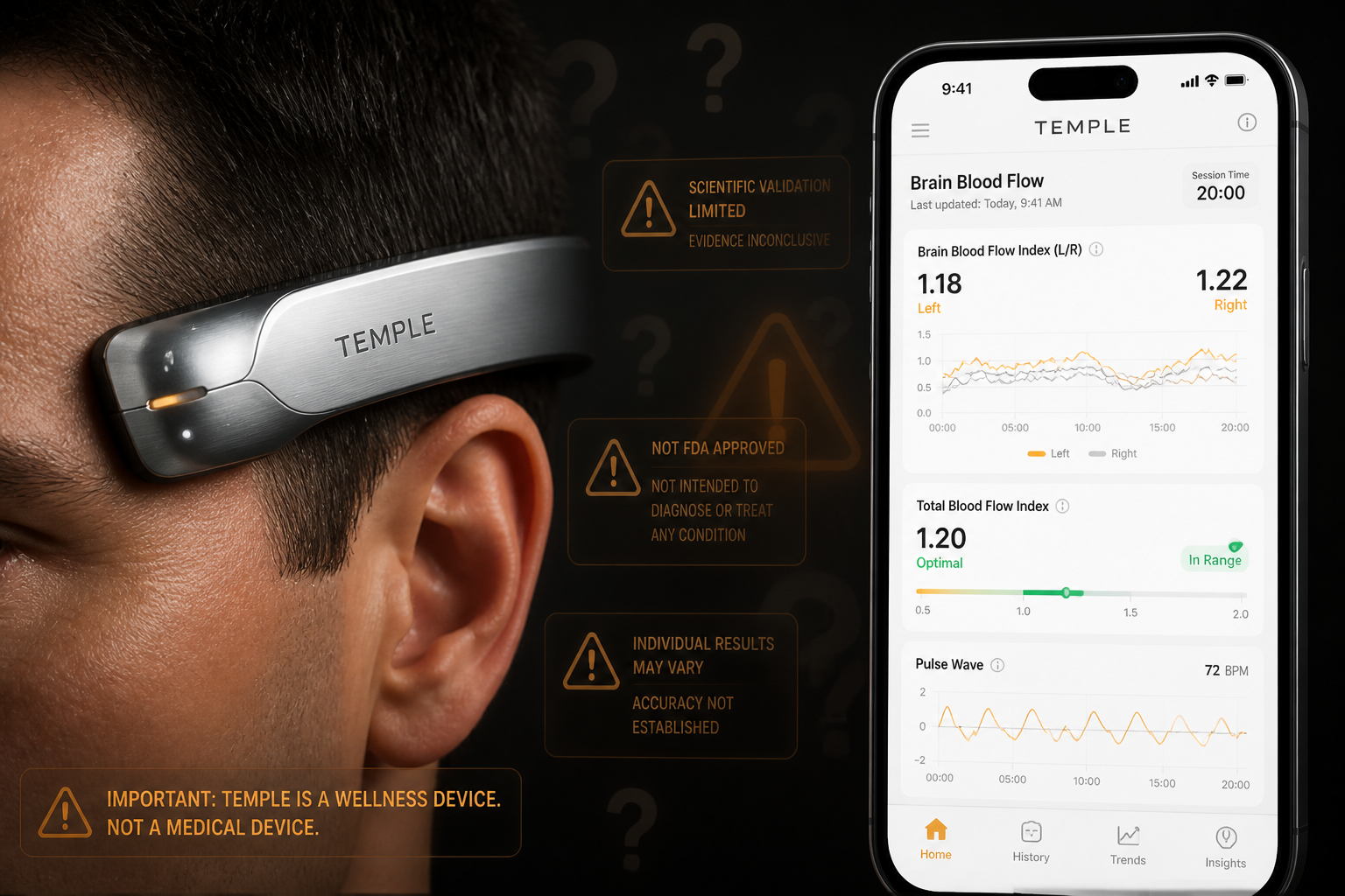 () product concept visualization showing sleek Temple wearable device in close-up detail on left side - compact sensor with