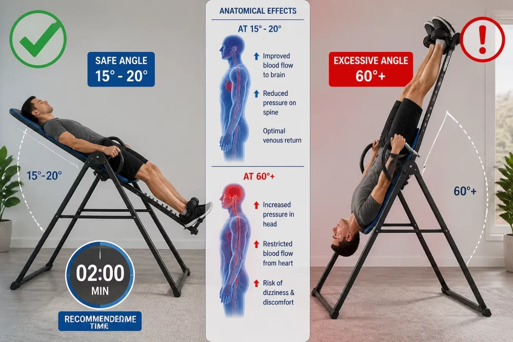 () split-screen comparison image showing correct versus incorrect inversion angles, left side displays person at safe 15-20