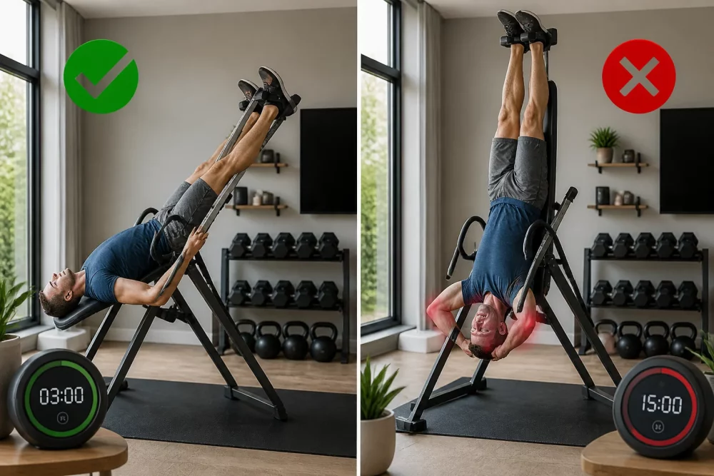 () split-screen comparison image showing correct versus incorrect inversion practices, left side depicts person safely