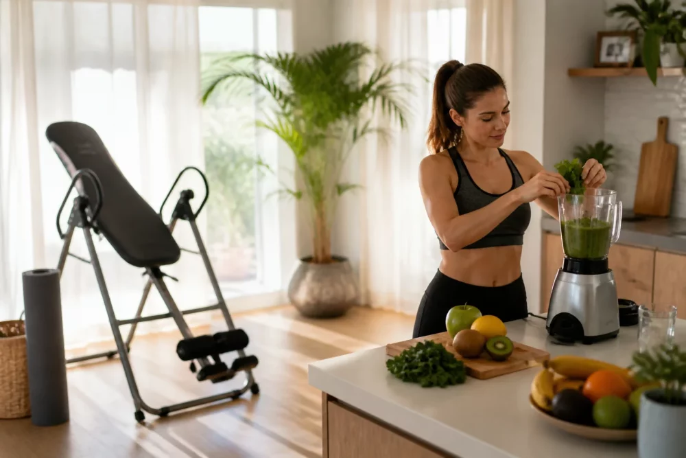 () wide-angle photograph of a serene home wellness corner featuring an inversion table positioned near a kitchen area, with