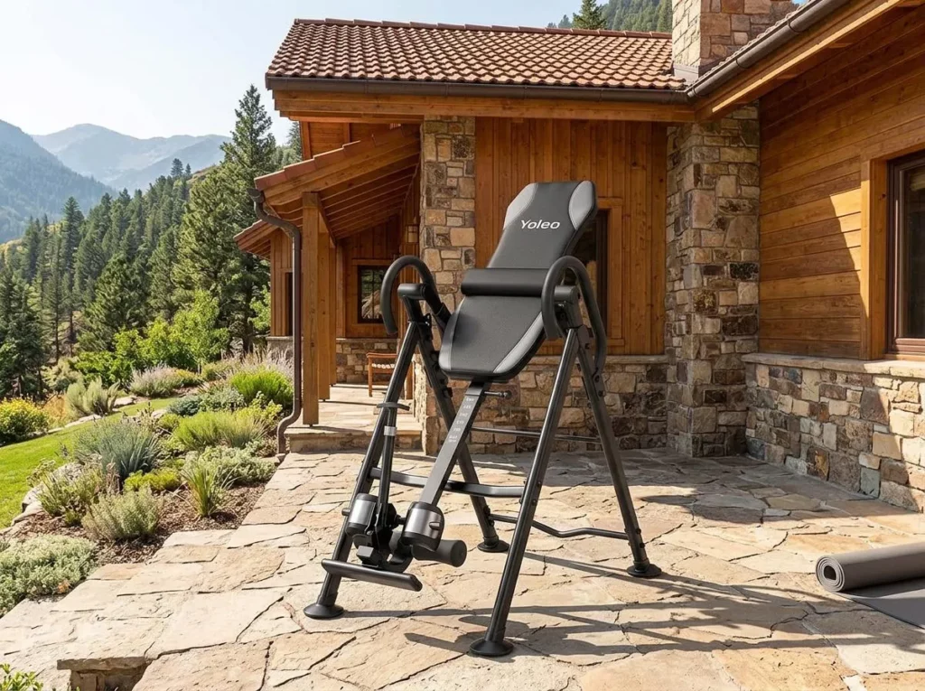Yolea inversion table on a stone patio with a mountain view