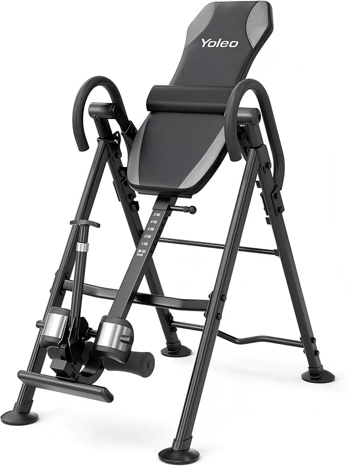 Yoleo inversion table with adjustable ankle supports and padded backrest