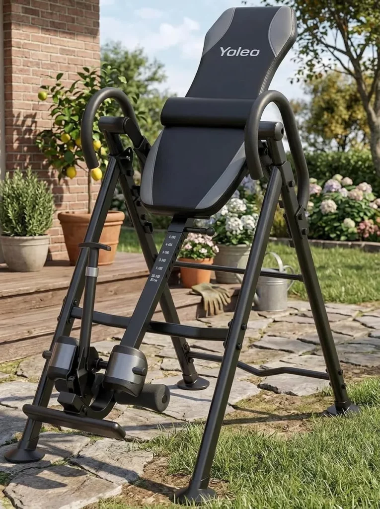 Yoleo inversion table with adjustable backrest and ankle supports in a backyard setting.
