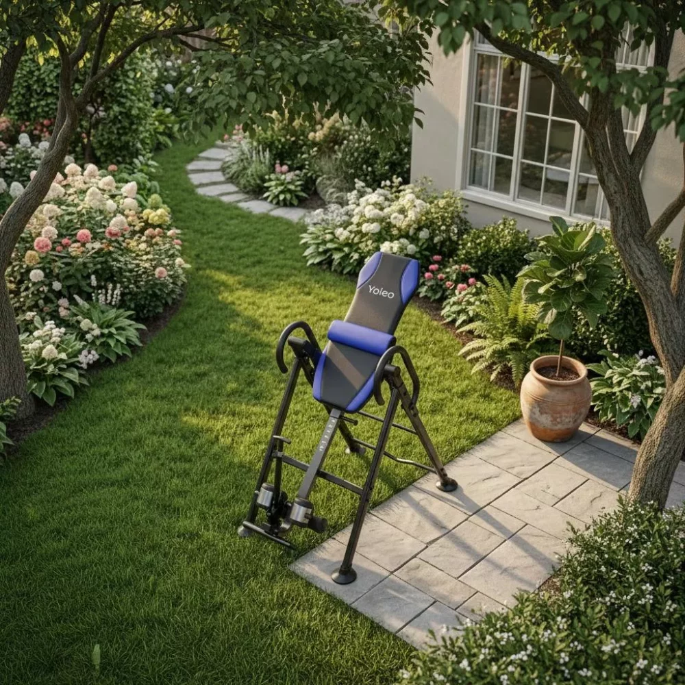 Yoleo inversion table in a lush green garden setting