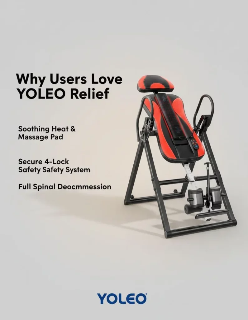 YOLEO inversion table with heat and massage pad, secure safety system, and full spinal decompression